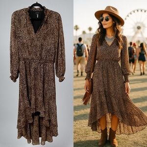 1.STATE Animal Print Maxi Dress Brown Long Sleeve Ruffle Neck Size Small